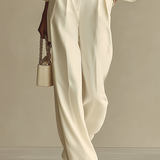Olga - Ivory Ribbed Crew Neck Top with High-Waisted Wide-Leg Pants Set