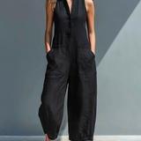 Black Minimalist Sleeveless Jumpsuit with Faux Linen Collar and Relaxed Fit