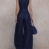 Navy Striped Wide-Leg Jumpsuit with Keyhole Neck