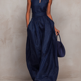 Navy Striped Wide-Leg Jumpsuit with Keyhole Neck