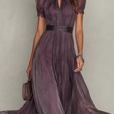 Flavia - Elegant Long Purple Dress with Keyhole Neckline and Chiffon Lace Trim