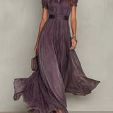 Flavia - Elegant Long Purple Dress with Keyhole Neckline and Chiffon Lace Trim
