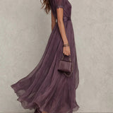 Flavia - Elegant Long Purple Dress with Keyhole Neckline and Chiffon Lace Trim
