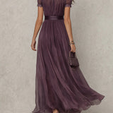 Flavia - Elegant Long Purple Dress with Keyhole Neckline and Chiffon Lace Trim