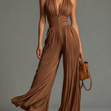 Brown Pleated Wide-Leg Chiffon Jumpsuit with Sleeveless V-Neck and Zip-Up Closure