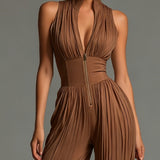 Brown Pleated Wide-Leg Chiffon Jumpsuit with Sleeveless V-Neck and Zip-Up Closure