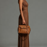 Brown Pleated Wide-Leg Chiffon Jumpsuit with Sleeveless V-Neck and Zip-Up Closure