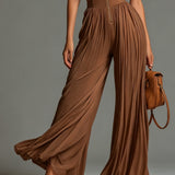 Brown Pleated Wide-Leg Chiffon Jumpsuit with Sleeveless V-Neck and Zip-Up Closure