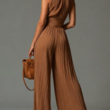 Brown Pleated Wide-Leg Chiffon Jumpsuit with Sleeveless V-Neck and Zip-Up Closure