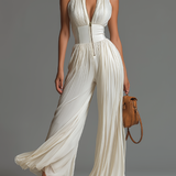 Jesse - White Sleeveless V-Neck Pleated Wide-Leg Chiffon Jumpsuit with Zip-Up Detail