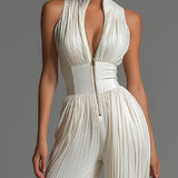 Jesse - White Sleeveless V-Neck Pleated Wide-Leg Chiffon Jumpsuit with Zip-Up Detail