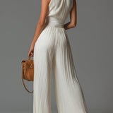 Jesse - White Sleeveless V-Neck Pleated Wide-Leg Chiffon Jumpsuit with Zip-Up Detail