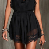 Pleated Chiffon Lace Jumpsuit with Black Ruffle Accents