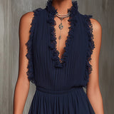 Navy Chiffon Jumpsuit with Pleats, Ruffle Trim, and Lace Accents