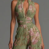 Floral Green V-Neck Sleeveless Chiffon Jumpsuit with Zip Closure and Pleated Wide-Leg Style