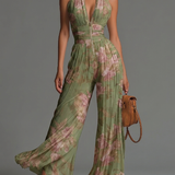 Floral Green V-Neck Sleeveless Chiffon Jumpsuit with Zip Closure and Pleated Wide-Leg Style