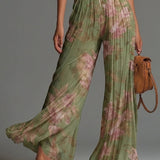Floral Green V-Neck Sleeveless Chiffon Jumpsuit with Zip Closure and Pleated Wide-Leg Style