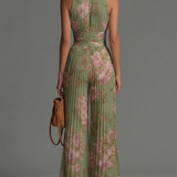 Floral Green V-Neck Sleeveless Chiffon Jumpsuit with Zip Closure and Pleated Wide-Leg Style