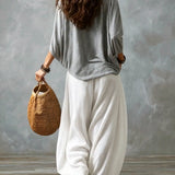 Olinda - Grey Off-Shoulder Top with White Loose-Fitting Lantern Pants Set