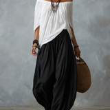 Tina - White Off-the-Shoulder Top with Relaxed Lantern Pants Set