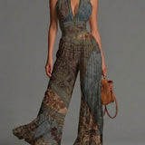 Bohemian Ethnic Print Sleeveless Chiffon Jumpsuit with Wide Legs, Zipper, and Pleated Details