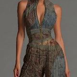 Bohemian Ethnic Print Sleeveless Chiffon Jumpsuit with Wide Legs, Zipper, and Pleated Details