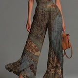 Bohemian Ethnic Print Sleeveless Chiffon Jumpsuit with Wide Legs, Zipper, and Pleated Details