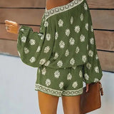 Off-Shoulder Baroque Print Jumpsuit Featuring Lantern Sleeves and Shorts