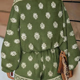 Off-Shoulder Baroque Print Jumpsuit Featuring Lantern Sleeves and Shorts