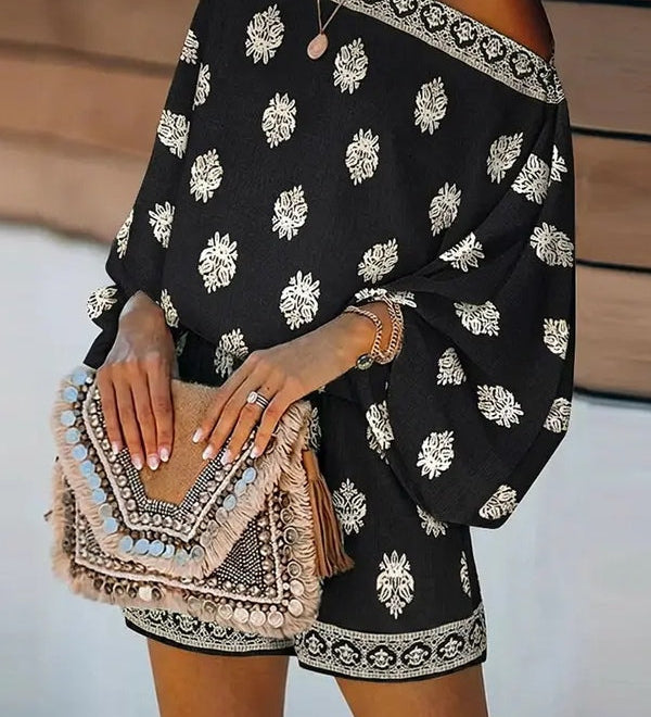 Off-Shoulder Baroque Print Jumpsuit Featuring Lantern Sleeves and Shorts