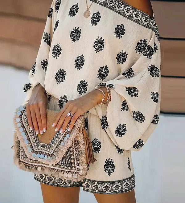 Off-Shoulder Baroque Print Jumpsuit Featuring Lantern Sleeves and Shorts