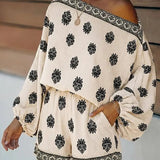 Off-Shoulder Baroque Print Jumpsuit Featuring Lantern Sleeves and Shorts