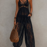Black Lace-Trim Backless Tank Top and Coordinating Harem Pants Set
