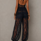 Black Lace-Trim Backless Tank Top and Coordinating Harem Pants Set
