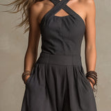 Bohemian Charcoal Striped Crisscross Halter Wide-Leg Jumpsuit