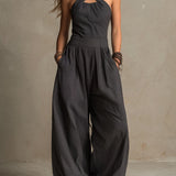 Bohemian Charcoal Striped Crisscross Halter Wide-Leg Jumpsuit