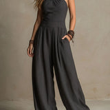Bohemian Charcoal Striped Crisscross Halter Wide-Leg Jumpsuit