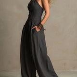 Bohemian Charcoal Striped Crisscross Halter Wide-Leg Jumpsuit