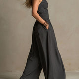 Bohemian Charcoal Striped Crisscross Halter Wide-Leg Jumpsuit