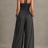 Bohemian Charcoal Striped Crisscross Halter Wide-Leg Jumpsuit