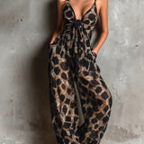 Relaxed Black Animal Print Halter Neck Chiffon Wide-Leg Jumpsuit