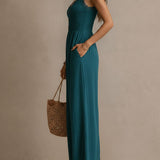 Bohemian Blue-Green Wide-Leg Jumpsuit Featuring Lace Trim and Side Slit