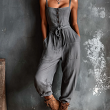 Gray Square Neck Jumpsuit with Belt and Button Front Closure