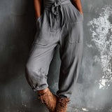 Gray Square Neck Jumpsuit with Belt and Button Front Closure
