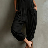 Black Sleeveless Hooded Lantern Jumpsuit with Relaxed Fit