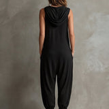 Black Sleeveless Hooded Lantern Jumpsuit with Relaxed Fit