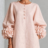 Rosetta | Midi Dress with Floral Cuffs and Button Detail