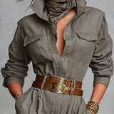Cotton-Linen Blend Long Sleeve Jumpsuit