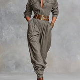 Cotton-Linen Blend Long Sleeve Jumpsuit