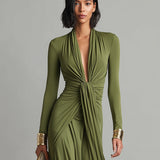 Brianna - Olive Satin V-Neck Long Dress